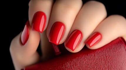A close-up of perfectly manicured hands showcasing glossy red nails against a dark background, highlighting elegance and style.