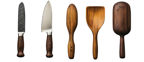 A collection of kitchen utensils including a knife, spatula, and spoon, showcasing craftsmanship