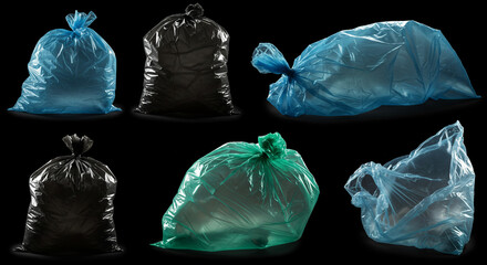A captivating collection of translucent garbage bags in various shades of blue and black against a stark black background, showcasing their dynamic forms and subtle textures.