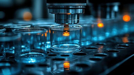 Automated glass processing, factory, machine, precision, industrial, blue light, manufacturing, production, close-up