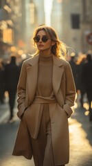 Obraz premium Woman in tan coat and sunglasses walking down a city street