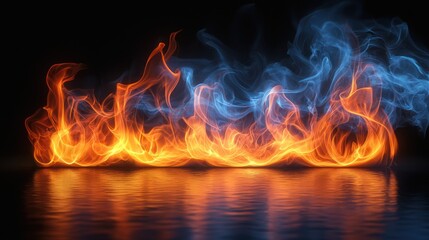 Fototapeta premium Abstract fire and smoke on black background, reflection. Possible use graphic design, illustration