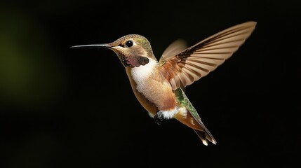 Fototapeta premium Hummingbird in flight against dark background. Possible use Nature photography