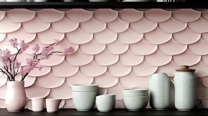 Pink Scallop Tile Backsplash with Ceramic Ware and Cherry Blossoms