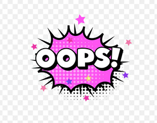 Comic Style Oops Text in Pink Explosion Bubble with Halftone and Star Elements, Perfect for Error Pages, Pop Art Designs, and Fun Announcements. Bright Cartoon Look. Vector Illustration.