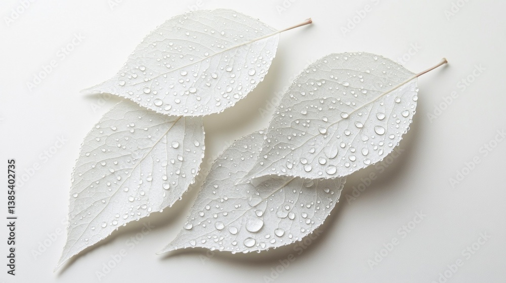 Poster delicate white leaves rest on an immaculate surface, adorned with glistening droplets that catch the