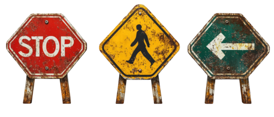 A collection of weathered traffic signs indicating stop, pedestrian crossing, and left turn direction in an urban setting