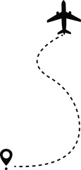 Airplane line paths icon. Aircraft tracking planes, travel, map pins, location pins vector isolated on transparent background. Romantic travel, heart dashed line trace and plane routes.