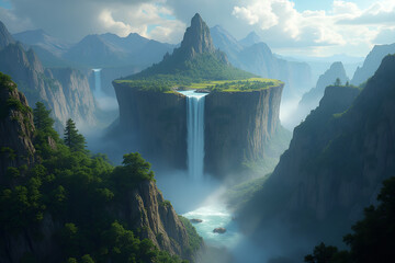 Verdant island plateau digital painting mystical atop high cliff face overlooking deep valley