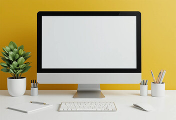Fototapeta premium empty background computer screen on yellow background, computer LCD on the table