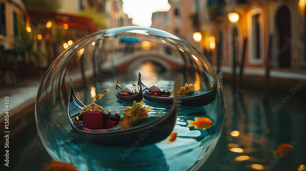 Poster a tiny venice with gondolas floating inside a fishbowl