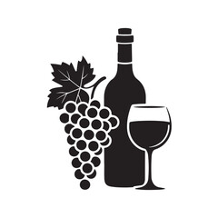  Wine bottle grapes glass vine leaves black and white illustration
