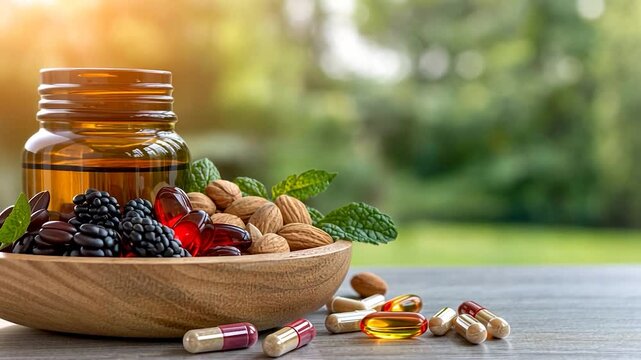 Assorted vitamins and supplements in a wooden bowl with berries and nuts on a table outdoors