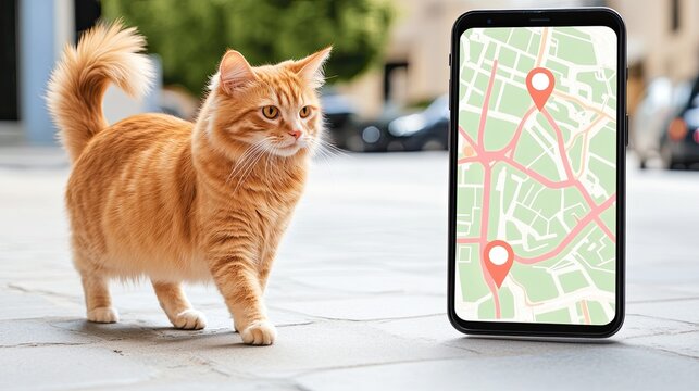 Orange cat walking near smartphone with digital map and location markers in city street environment