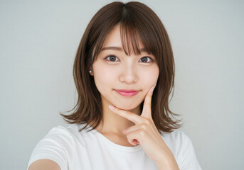 自撮りポーズで微笑む親しみやすい表情の女性
