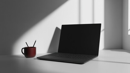 Fototapeta premium Laptop workspace sunlight minimalist office