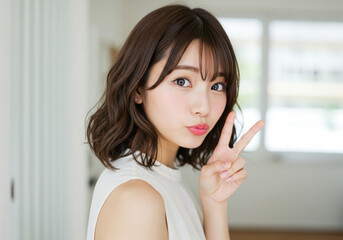 カフェの店内で口をとがらせてピースする若い女性