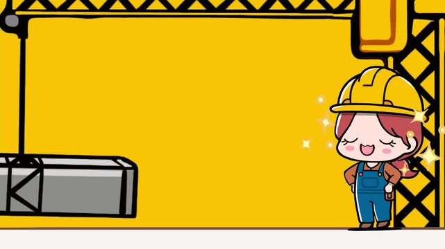 a cartoon construction worker standing next to a crane