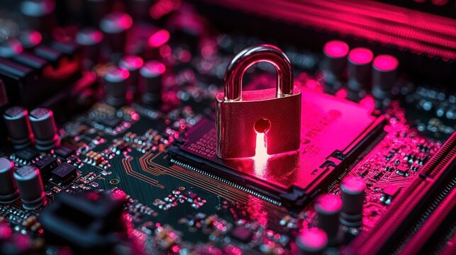 Padlock on circuit board; data security; technology background; cybersecurity concept; stock photo