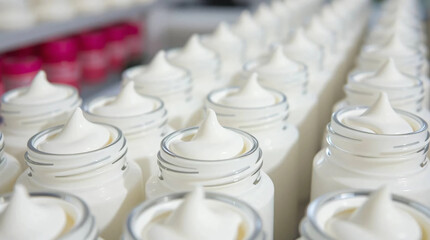 White bottles of facial cream in rows, cosmetic laboratory assembly line