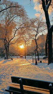 Sunset in a snowy park with a lone bench and trees during winter in a quiet urban setting