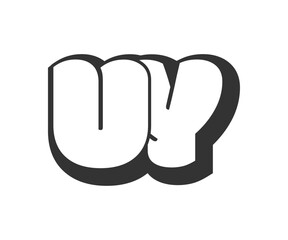 Obraz premium UY logo, bubble comic lettering, rounded in graffiti style black and white silhouette. Trendy preschool U and Y letter text for festival party, personal initials, children funky print and web.
