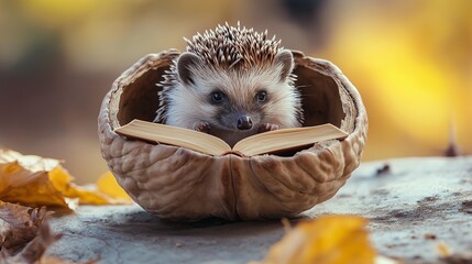 A tiny hedgehog reading a book inside a walnut shell