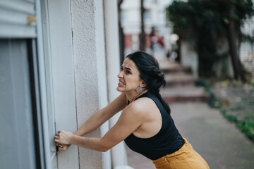 A woman showing a frustrated facial expression as she struggles to open a door in the street.