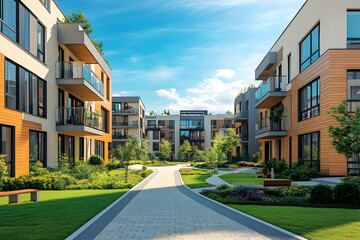 Elegant living contemporary residential complex with verdant communal spaces