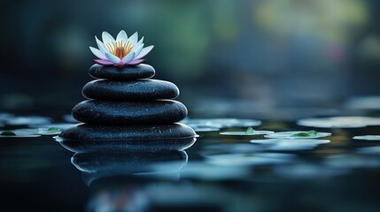 Obraz premium Serene water lily atop stacked stones in tranquil pond, nature spa
