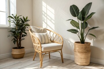Fototapeta premium Rattan Armchair Indoor Plants Home Decor