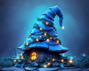 Enchanted Wizard's Hat House: A whimsical, glowing cottage nestled within a giant, blue wizard's hat, adorned with enchanting lights and lush greenery under a twilight sky.