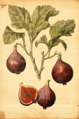 Fig tree fruit old vintage anttique botanical illustration