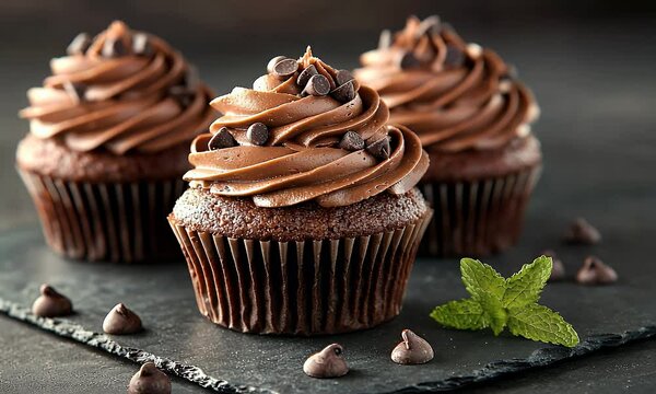 Three decadent chocolate cupcakes are presented on a slate with rich frosting & chocolate chips, paired with mint