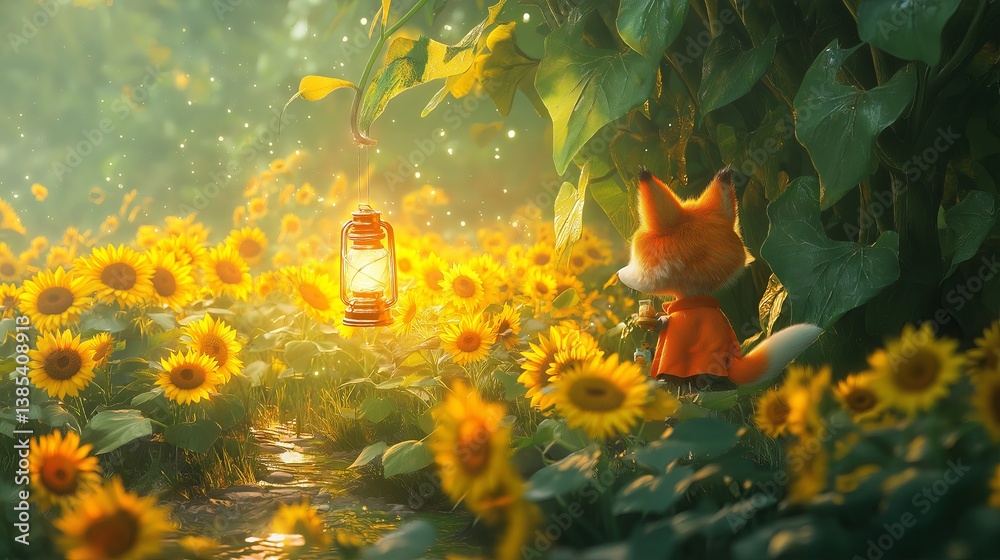 Poster a tiny fox exploring a sunflower forest with a lantern.