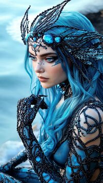 Mermaid with vibrant blue hair dressed in a detailed blue fantasy costume adorned with gemstones and an ocean-themed headdress. Mystical, underwater aesthetic
