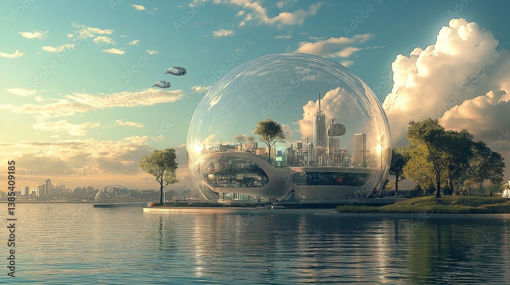 Aufkleber a tiny futuristic city built inside a floating bubble.