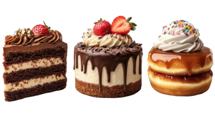 A tempting display of assorted desserts featuring chocolate cake, cream cake, and donuts with sprinkles