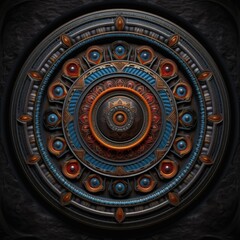 Ornate, circular, decorative design on dark background