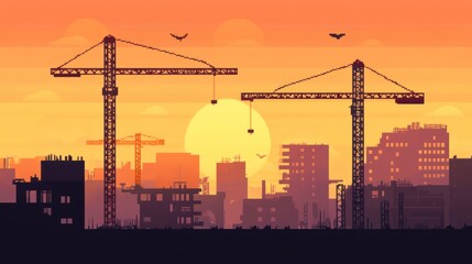 Sunset Cityscape Construction Cranes (19)