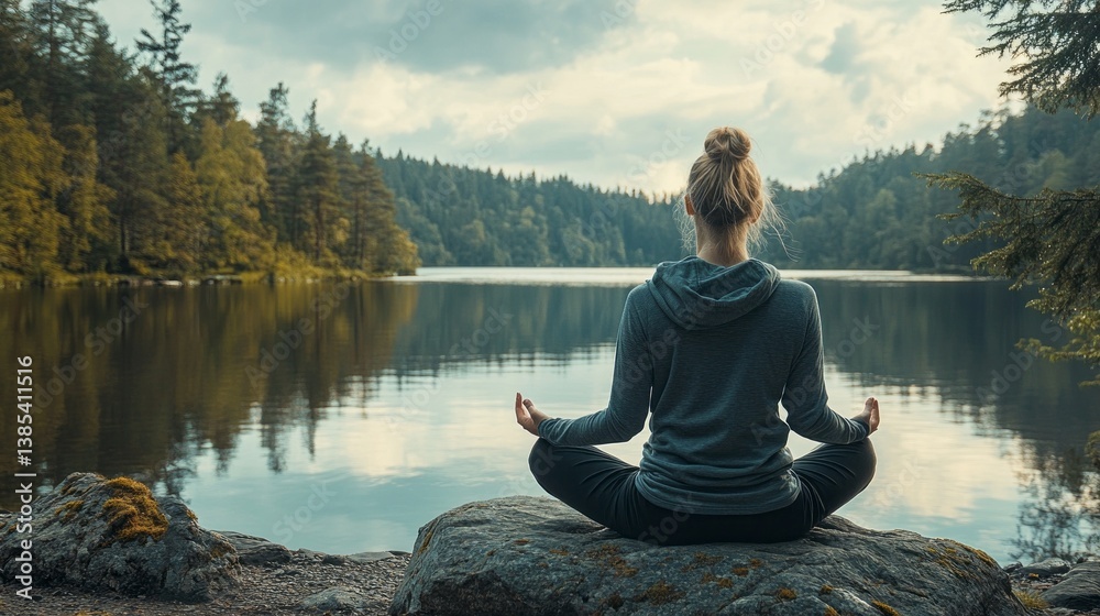Poster A person sits peacefully on a large rock at the edge of a calm lake, practicing meditation. Tall trees and a moody sky create a perfect backdrop for reflection and tranquility