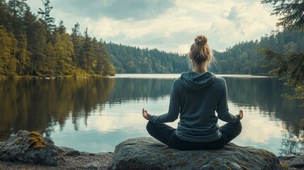 A person sits peacefully on a large rock at the edge of a calm lake, practicing meditation. Tall trees and a moody sky create a perfect backdrop for reflection and tranquility