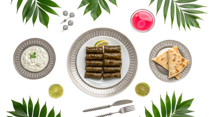 Elegant Middle Eastern Feast: Stuffed Grape Leaves, Flatbread & Hibiscus Drink with Vibrant Summer Flair