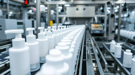 Obraz premium White bottles of facial cream in rows, cosmetic laboratory assembly line