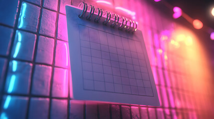 Aesthetic blank calendar mockup with glowing light hanging on tiled wall