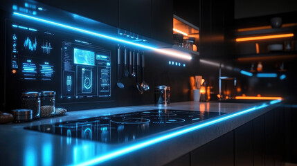 Modern AI-powered kitchen with smart holographic display integrated into the countertop, illuminated by sleek blue and orange ambient lighting. Concept of futuristic home automation 