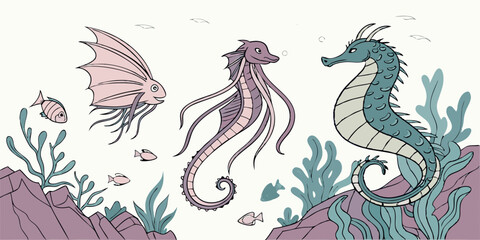 Cartoon Underwater Scene with Seahorse Fish and Tentacle Creature Illustration
