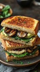 Sandwich with mushrooms and avocado on it food background