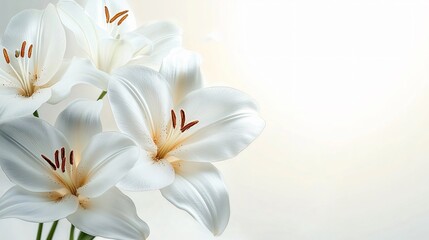 Obraz premium A serene close-up of white lilies, perfect for Easter and spring-themed designs, offering ample copy space for text and elegant floral arrangements.