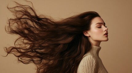 Naklejka premium A young woman stands gracefully, her long hair flowing in the air while she exudes poise and charm. The muted background complements her enchanting expression and elegant posture
